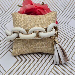 J Crew Chunky Gold Tone Cream Enamel Large Link Statement Bracelet 8" Tassel
